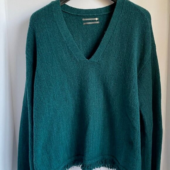 Anthropologie Wool Alpaca V-Neck Sweater Green Fringe Long Sleeve M - Picture 10 of 10